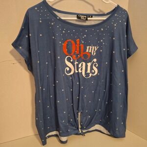 Onque Casuals Womens Plus Size 1X Blue Star Patriotic Rhinestone Oh My Stars Top